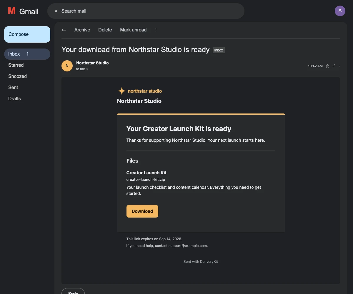 A simulated Gmail inbox displaying the Northstar Studio delivery email with a link to access the Creator Launch Kit.