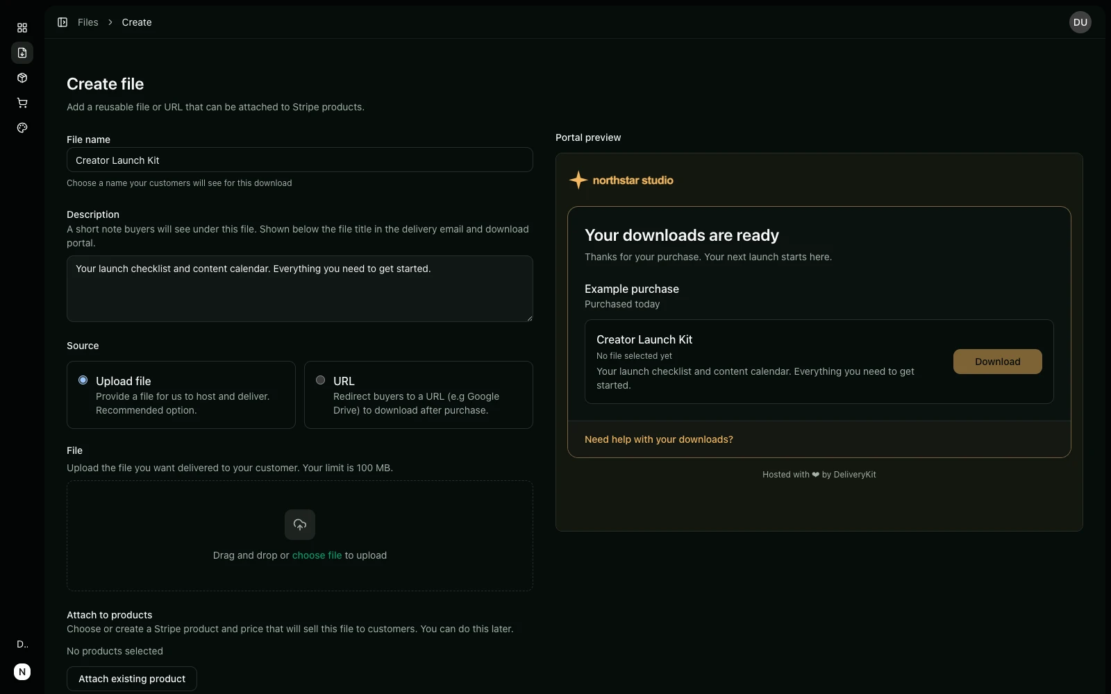 DeliveryKit file creation with a Creator Launch Kit description and a live Northstar Studio portal preview.