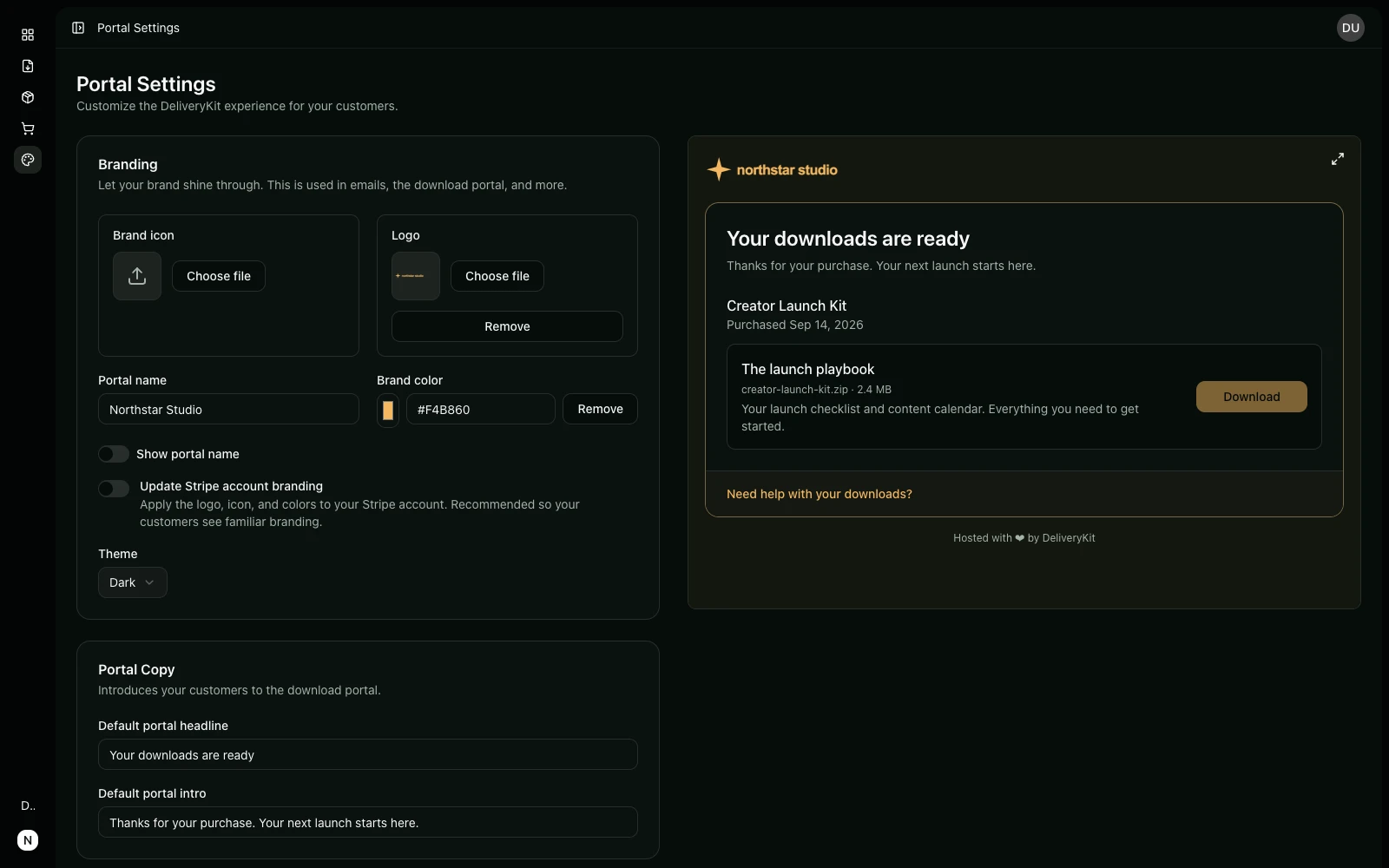 DeliveryKit portal settings showing the Northstar Studio logo, amber brand color, and customer-facing portal preview.