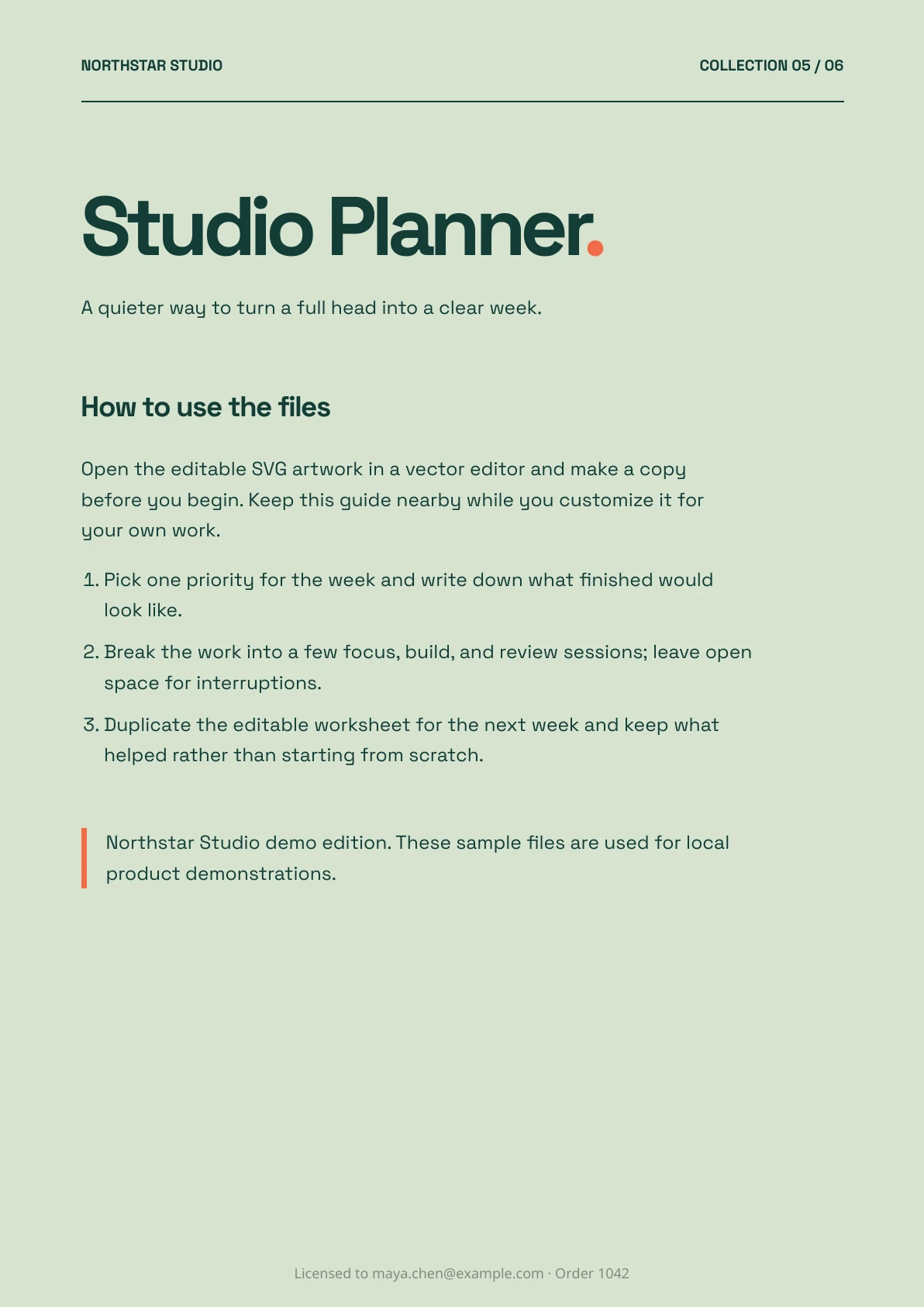 Northstar Studio PDF with a buyer email and order reference in the footer
