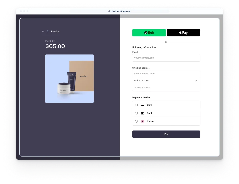 Stripe Checkout demo showing payment details and the Pay button.