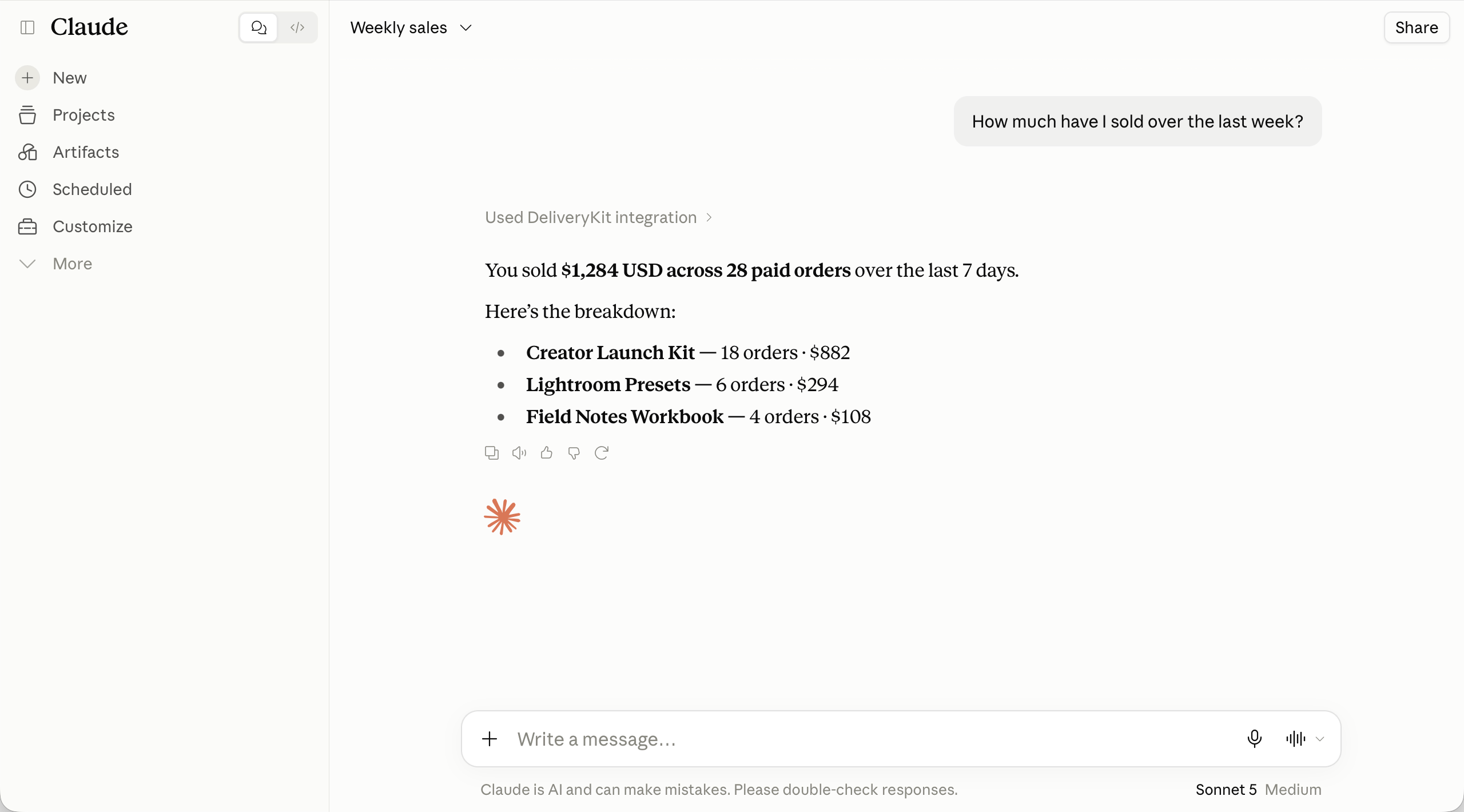 Claude uses the DeliveryKit integration to answer a question about the last week’s sales.
