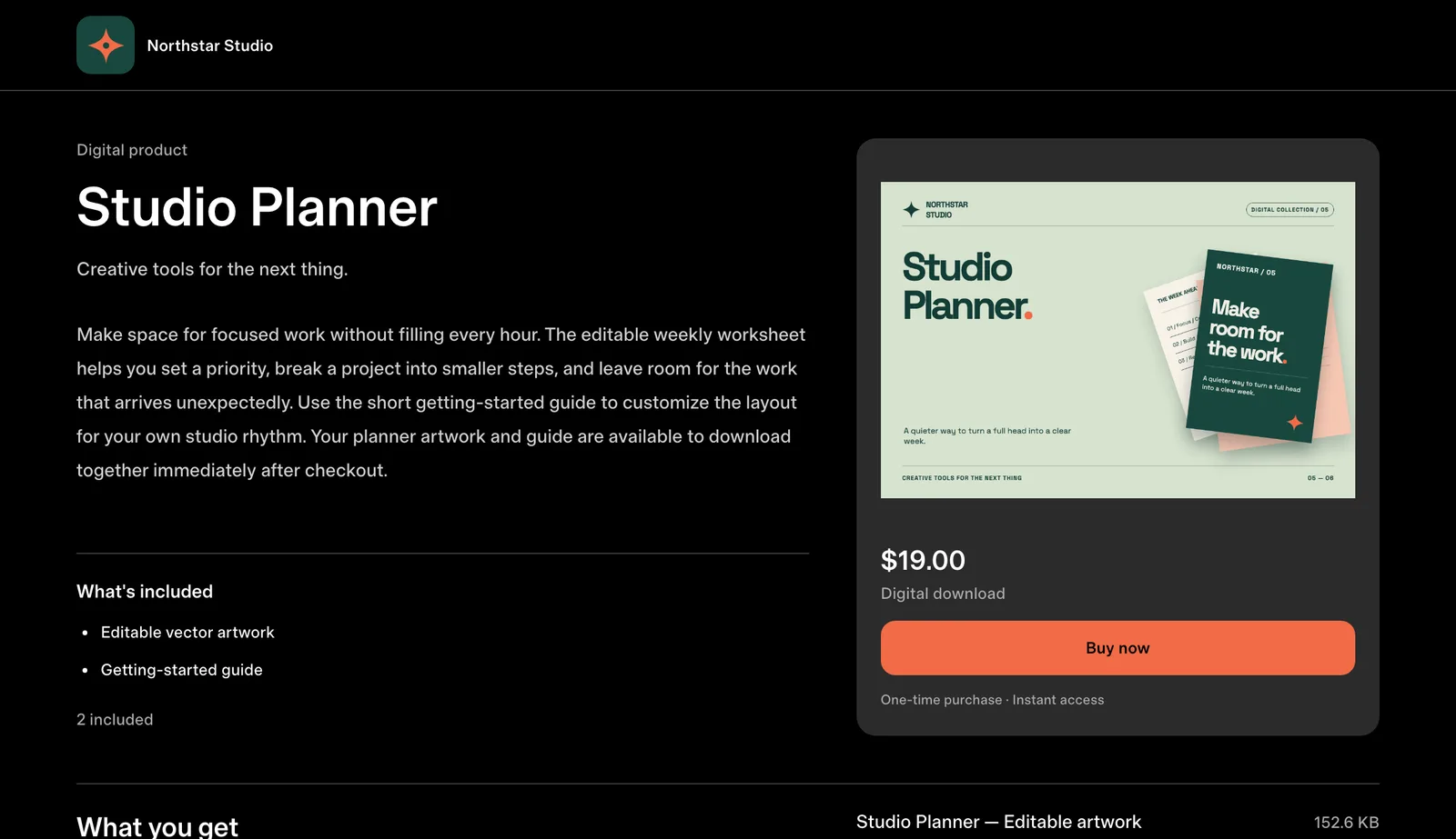 A Northstar Studio product page for Studio Planner: the product story, what is included, its price, and a Buy now button.