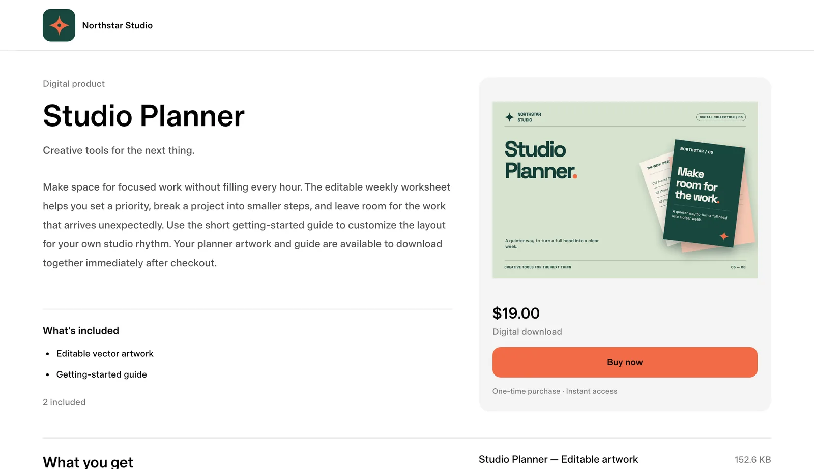 A Northstar Studio product page for Studio Planner: the product story, what is included, its price, and a Buy now button.